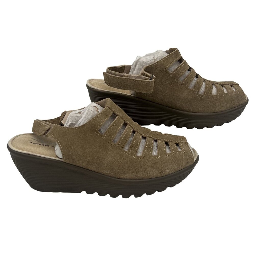 Womens Size 9.5 Brown Suede Wedge Sandals With Cutout Design Strap By Skechers